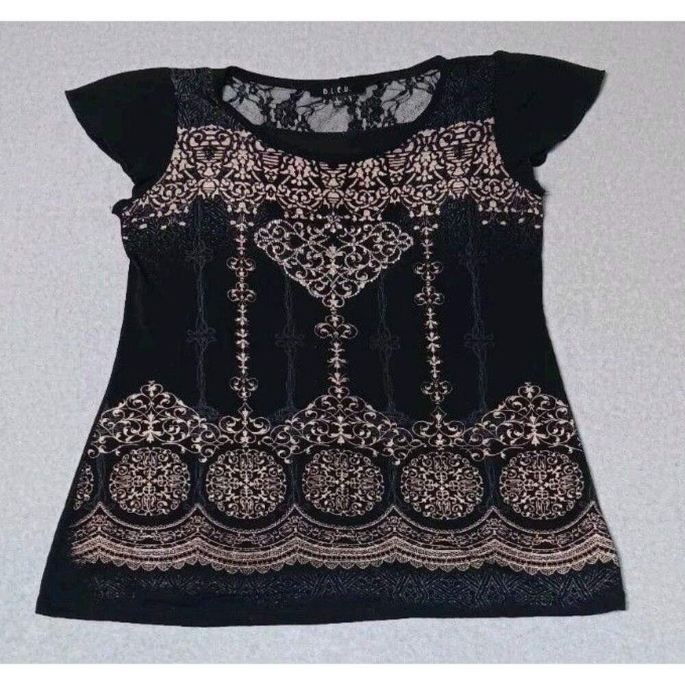 Bleu Y2K Lace Back Flutter Sleeve Blouse L Black Damask Baroque Grunge Punk Boho